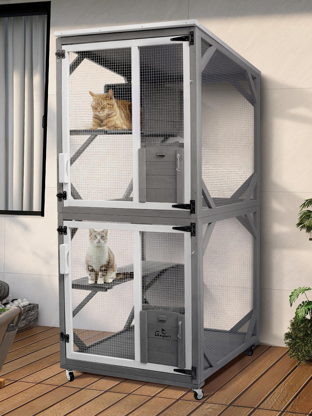 GEGURI Cat Catio Outdoor Cat Enclosure, Large Wooden Kitten Patio Indoor with Upgraded Resting Box, Waterproof Roof GEGURI