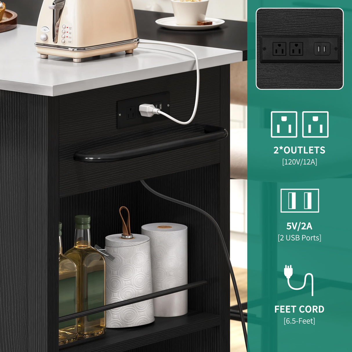 YITAHOME Kitchen Island with Drop Leaf, 47 Inch Mobile Stroage Islands with Stainless Steel Top, Rolling Island Table with Power Outlet, Adjustable Shelves, Spice Rack, Towel Rack for Kitchen, Black YITAHOME