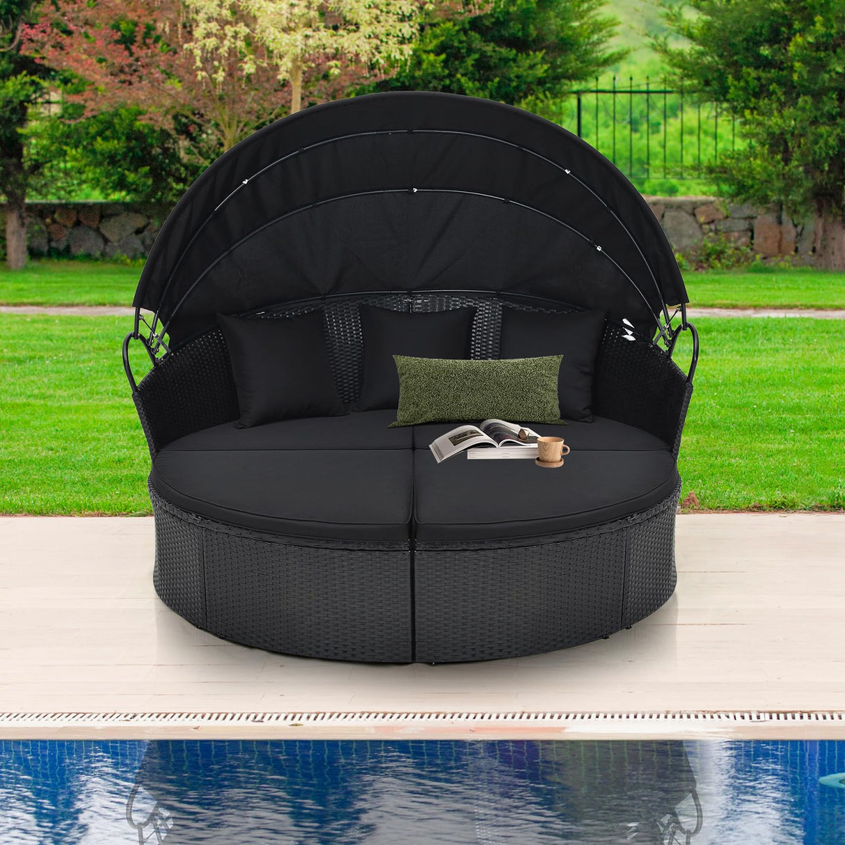 Tangkula Outdoor Patio Round Daybed with Retractable Canopy, Black Rattan Wicker Furniture Sectional Seating with Cushions and Throw Pillows, Seating Separates Cushioned Seats for Backyard (Black) Tangkula