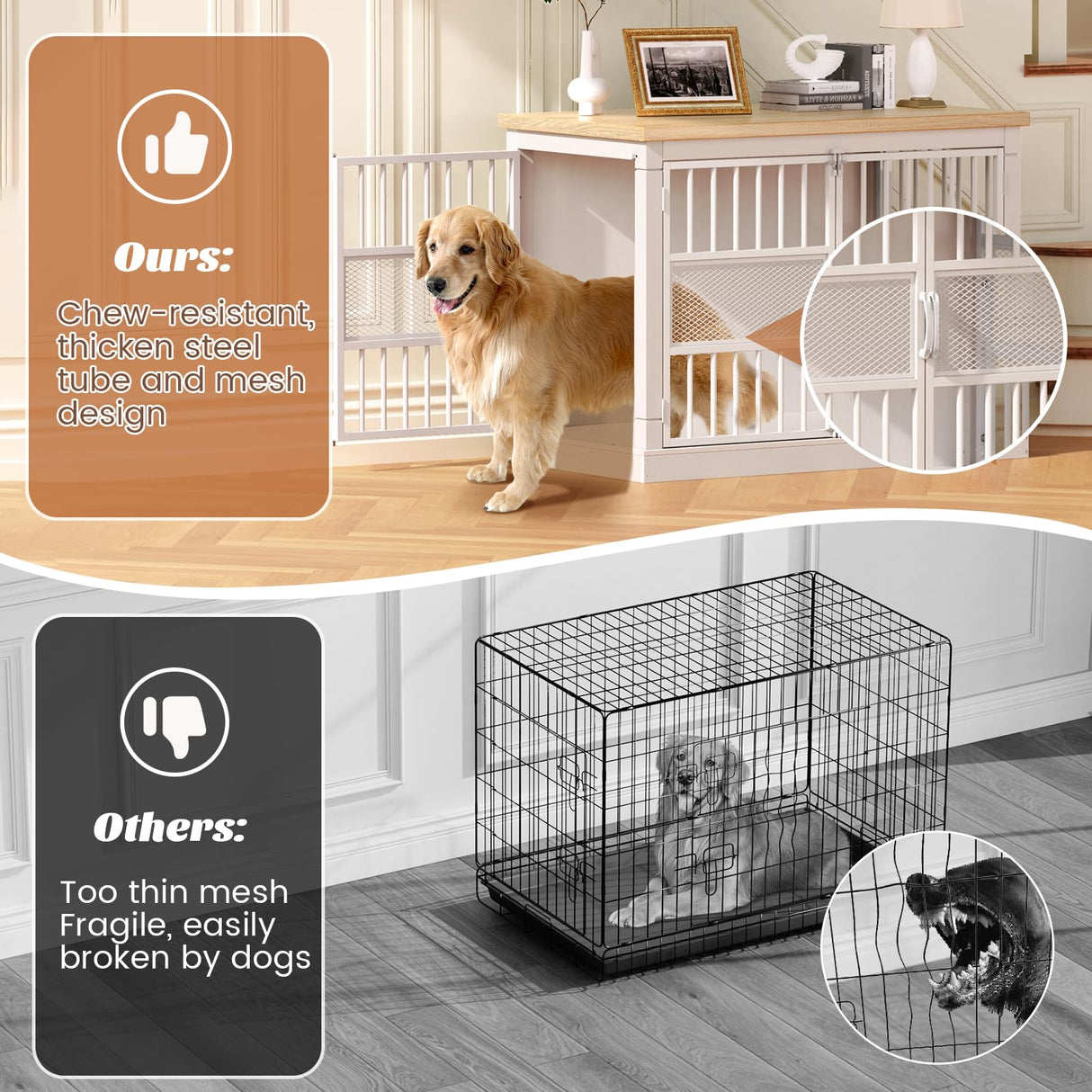 VOPEAK Dog Crate Furniture, Chew Resistant Large Dog Crate for Medium Large Dogs, Heavy Duty XL Dog Crates Dog Kennel Cage Indoor with Double Doors, Wooden End Table for Bedroom Living Room, White VOPEAK