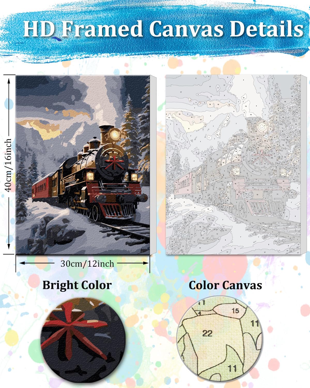 TOCARE Framed Paint by Numbers Kit for Adults, 12x16Inch Train Paint by Numbers with Frame, Snow Mountains Paint by Number Framed Canvas Winter Nature Scenery(Without Easel) TOCARE