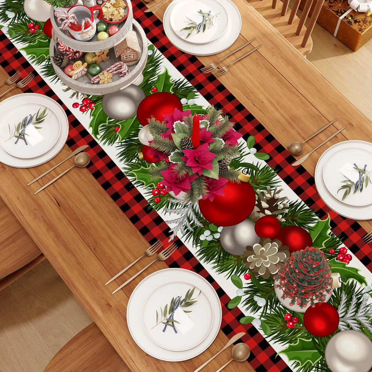 Jiudungs Linen Red and Black Buffalo Check Christmas Table Runner 72 Inches Long Seasonal Winter Christmas Xmas Holiday Farmhouse Style Table Decoration Jiudungs