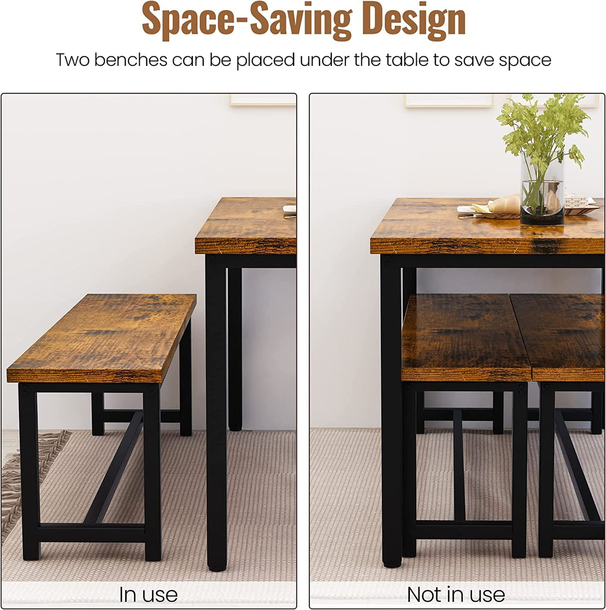 LinkRomat Dining Room Table Set with 2 Benches, Farmhouse Dining Table Set for 4-6, Wood Breakfast Table Set Dinner Table Set Kitchen Table and Chairs for Breakfast Nook Small Spaces, Brown LinkRomat