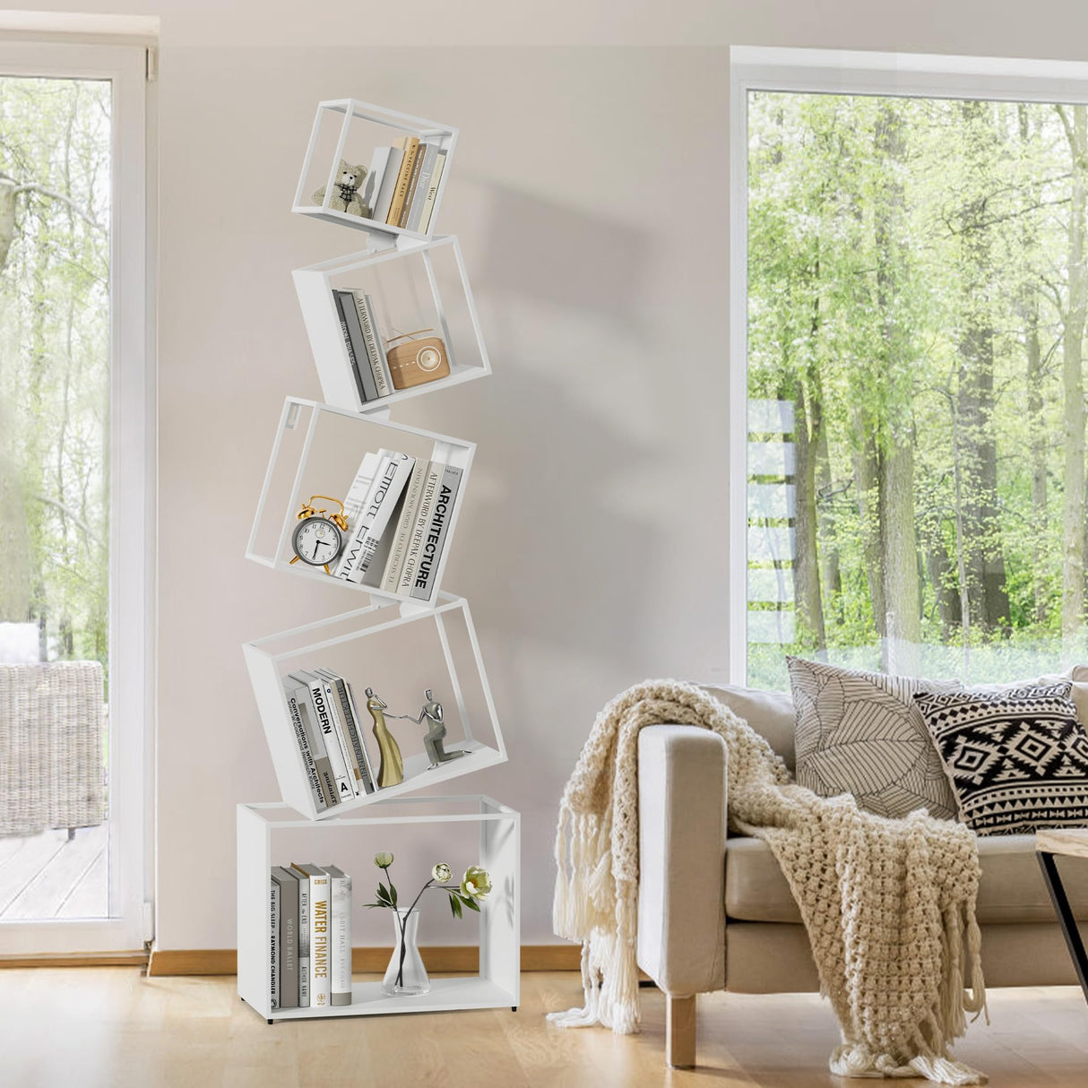 Vonkinka Geometric Book Shelf 5 Tier, White Metal Bookshelf 67 Inch, Mordern Narrow Bookcase, Skinny Corner Bookshelves for Bedroom, Living Room, Office, Home Decor Vonkinka