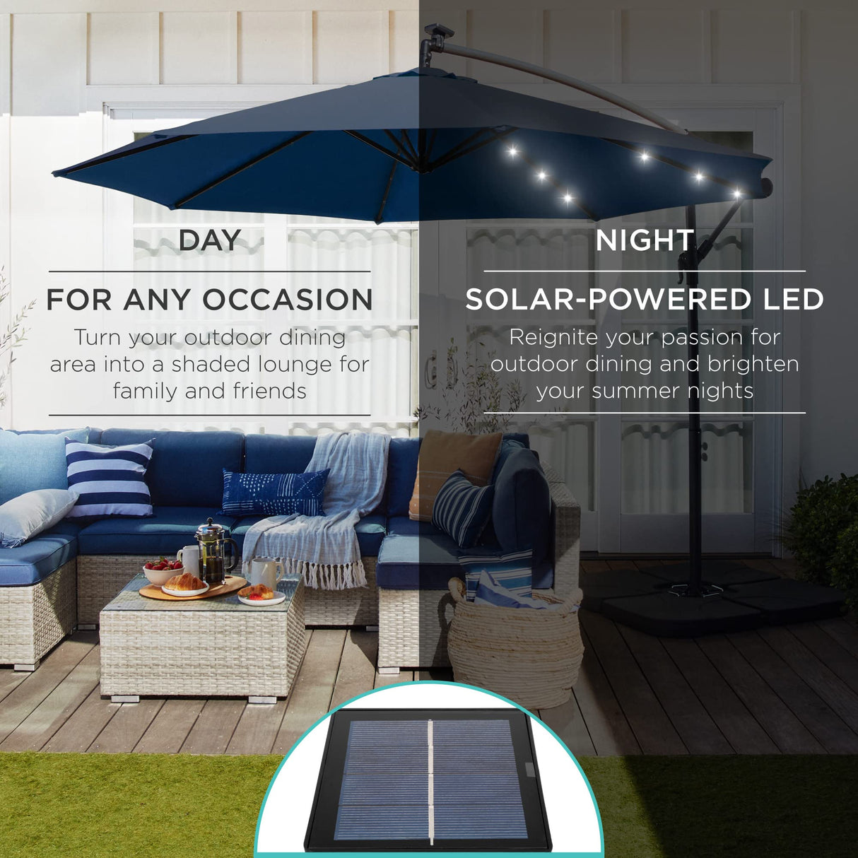 Best Choice Products 10ft Solar LED Offset Hanging Market Patio Umbrella for Backyard, Poolside, Lawn and Garden w/Easy Tilt Adjustment, Polyester Shade, 8 Ribs - Navy Blue Best Choice Products