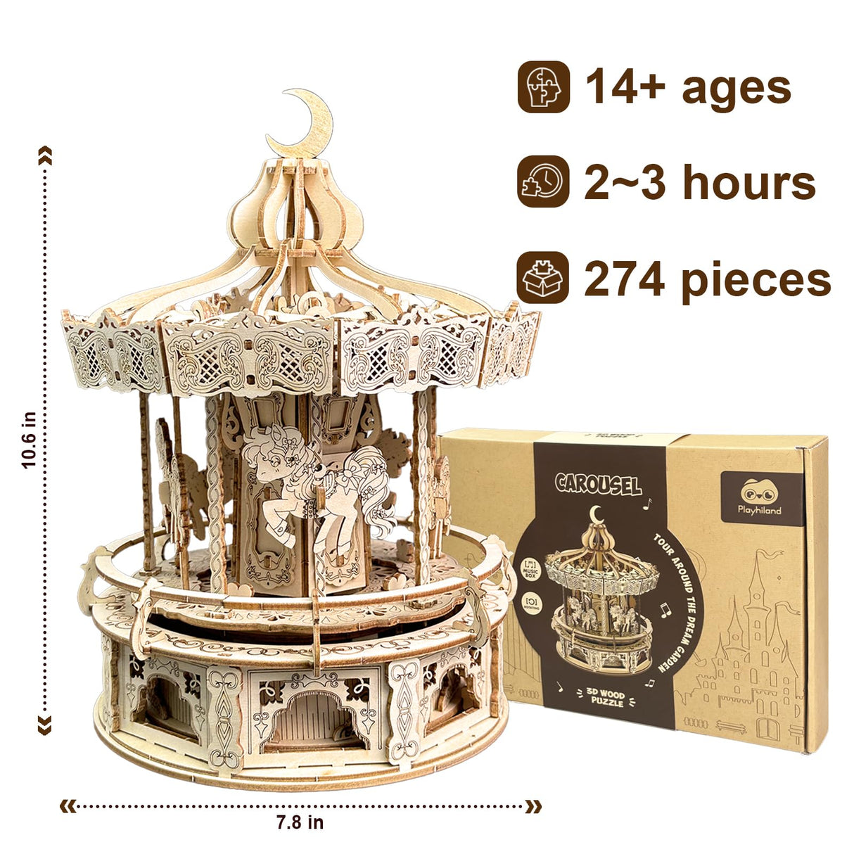Playhiland 3D Wooden Puzzles for Adults - DIY Wooden Music Box, Merry-go-Round Model Kit - 274 Pieces Wooden Jigsaw - Brain Teaser - Birthday Gift for Boys and Girls/Adults Playhiland