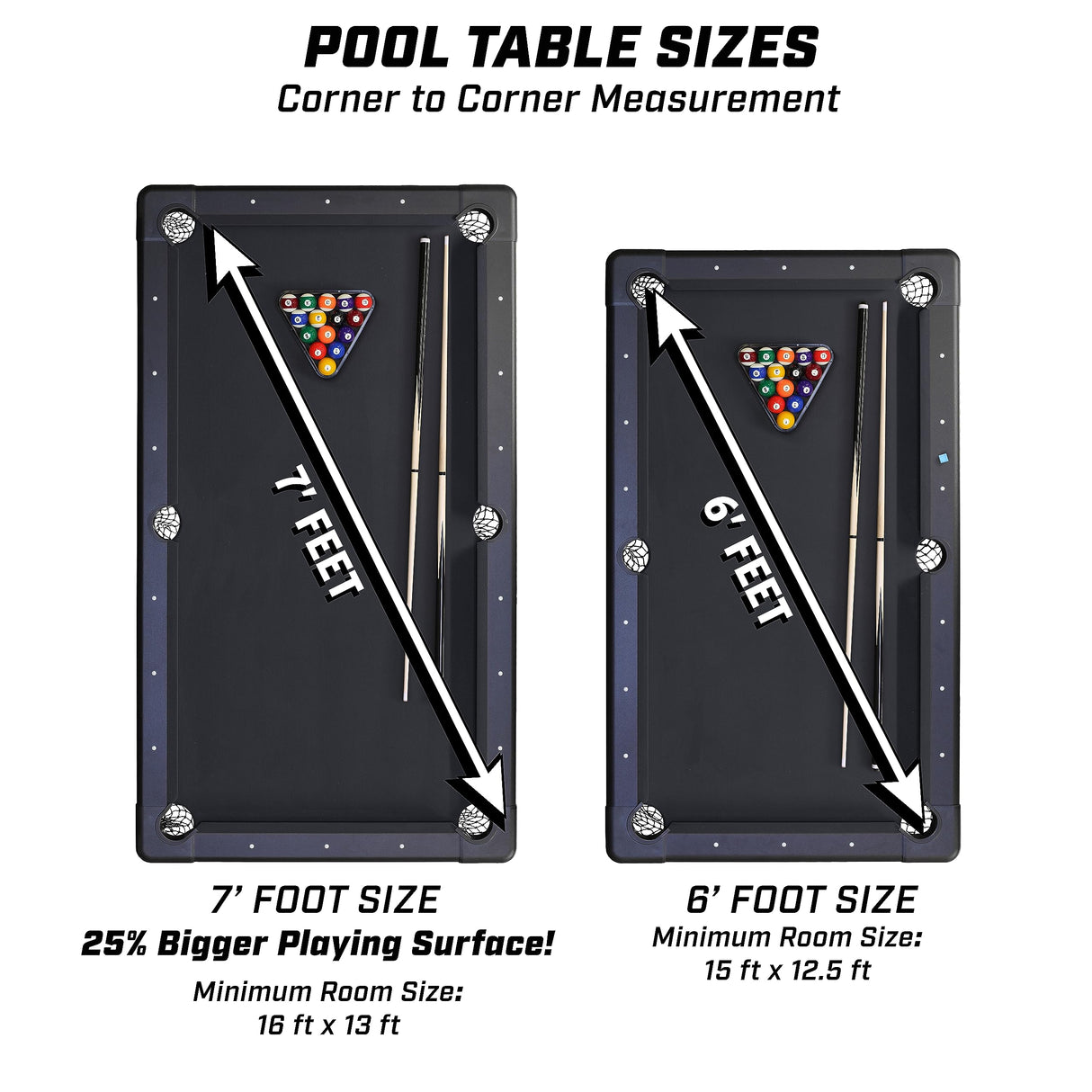 GoSports 7 ft Billiards Table - Portable Pool Table - Includes Full Set of Balls, 2 Cue Sticks, Chalk, and Felt Brush - BLACK GoSports