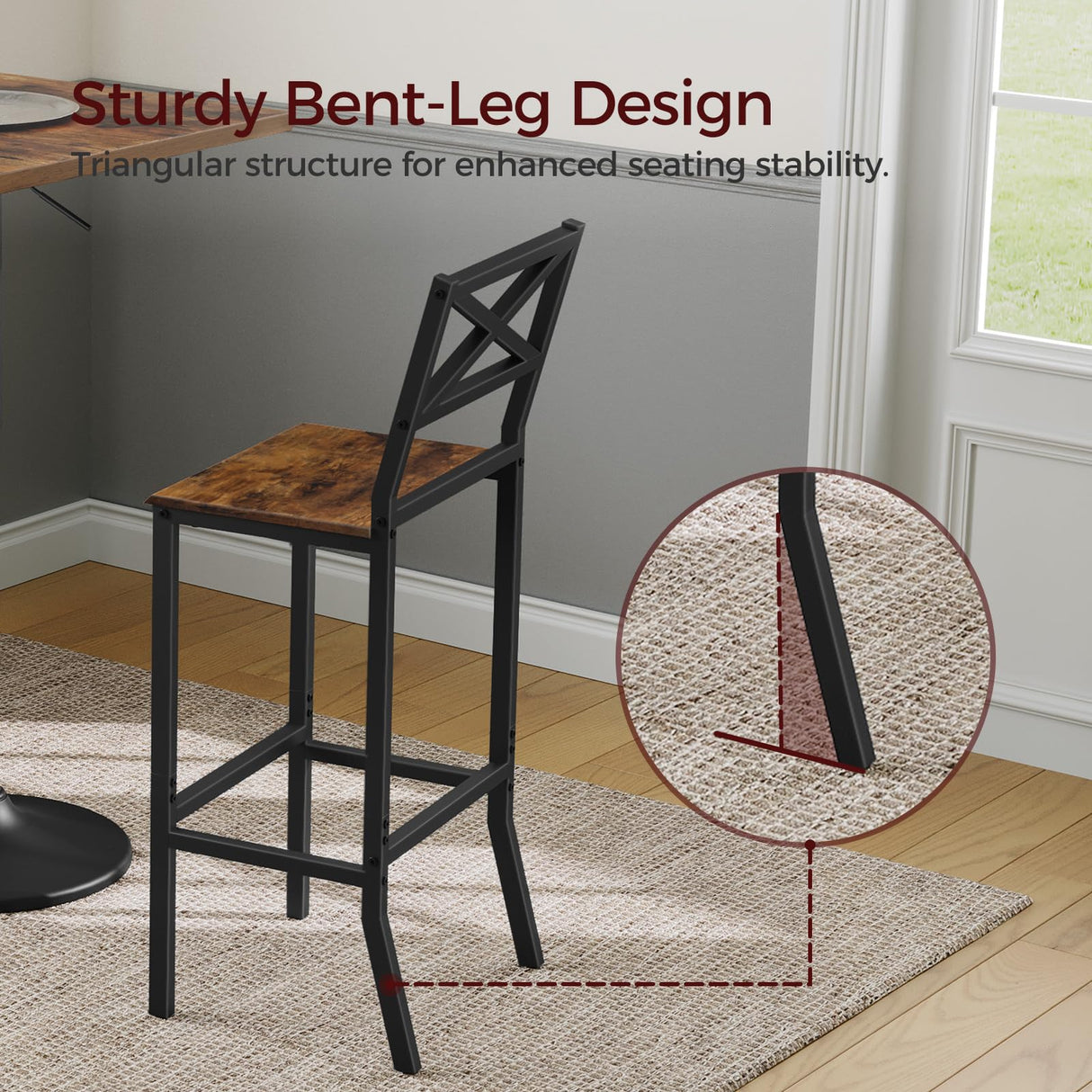 MAHANCRIS Bar Stools, Set of 2 Bar Chairs with Backrest and Footrest, 26" Tall Counter Bar Stools, Kitchen Breakfast Bar Chairs, Easy Assembly, for Dining Room, Rustic Brown BAHR0901N1 MAHANCRIS