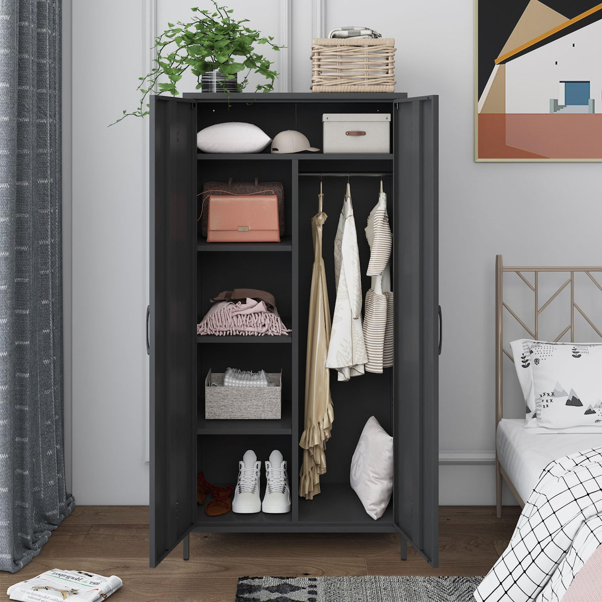 MIOCASA Metal Armoire, Wardrobe Closet Cabinet with Hanging Rod and 4 Shelf Steel Storage Locker Clothes Organizer for Bedroom, Changing Room, Laundry Room, Office (Black) MIOCASA