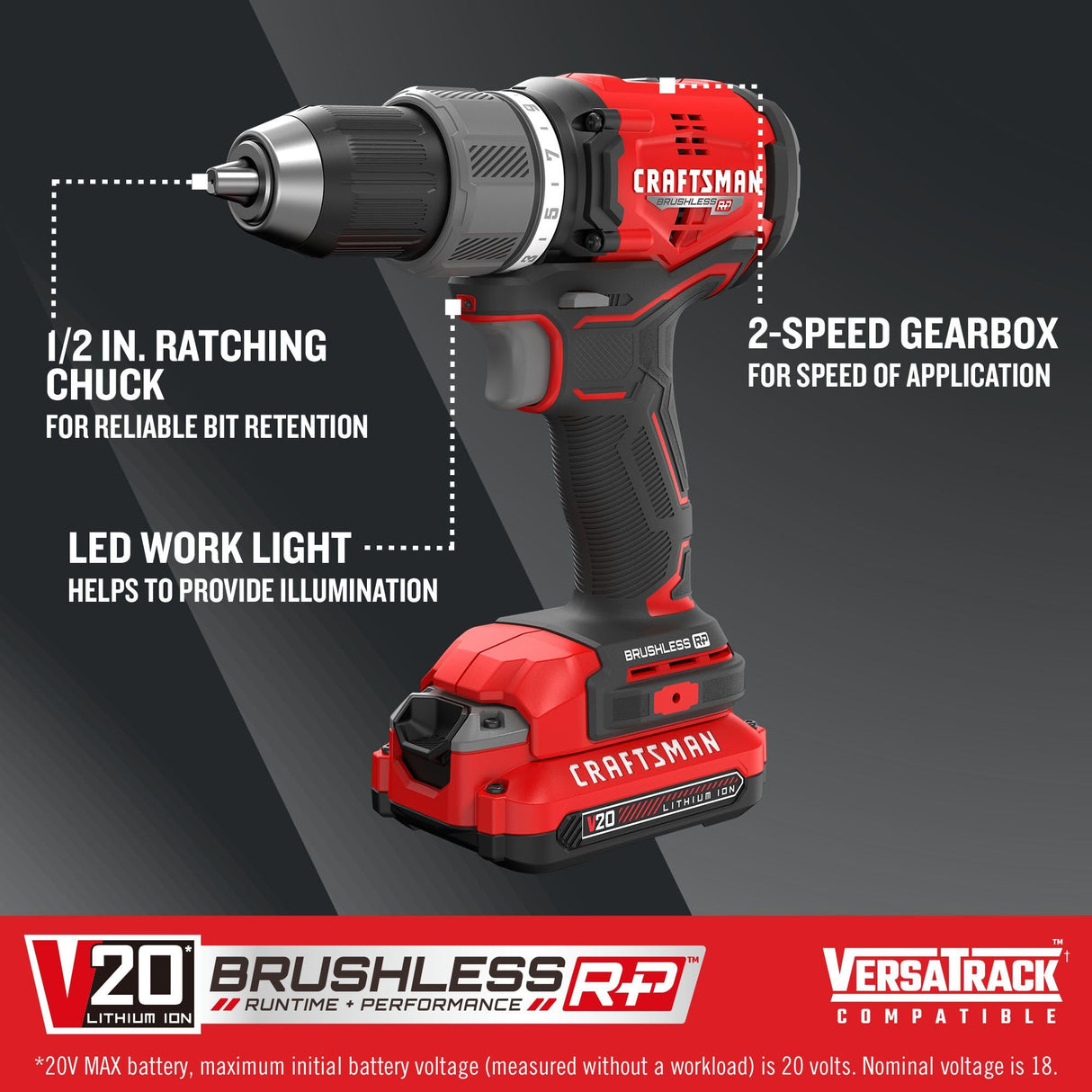 CRAFTSMAN RP+ Cordless Drill/Driver Kit, with 2 Batteries and Charger, Brushless (CMCD713C2) CRAFTSMAN