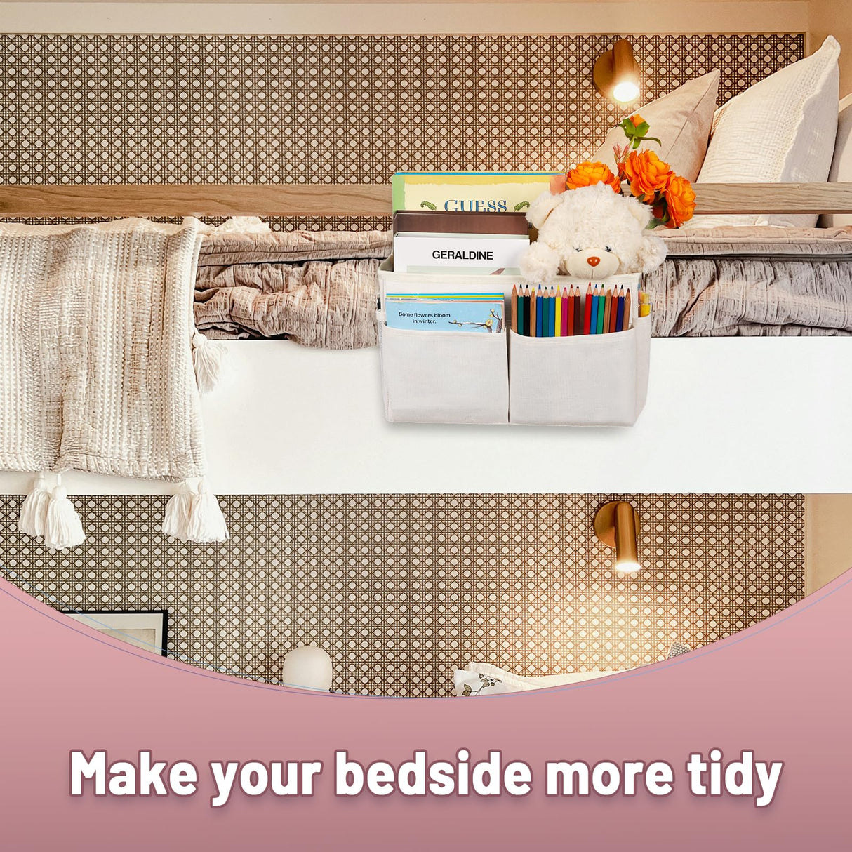 Frjjthchy Bedside Storage Organizer 5 Pockets with 4 Hooks Hanging Storage Bag for Headboards/Bunk Bed (White) Frjjthchy