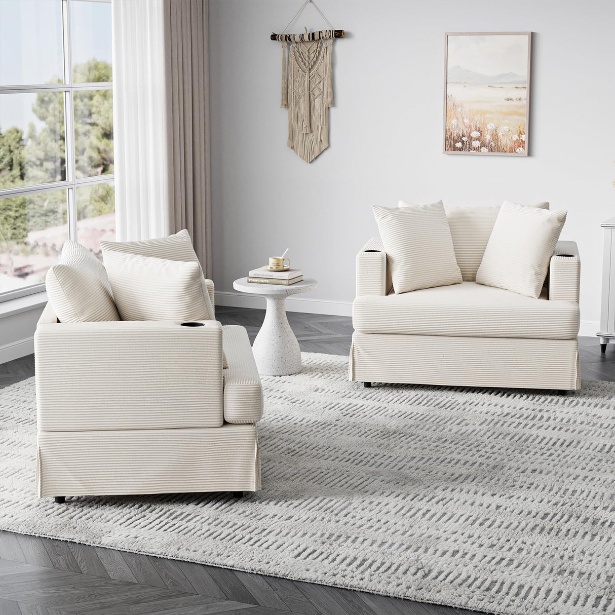 ASAHREE 47'' Mid Century Oversized Reading Armchair Sofa, Corduroy 2 Seater Upholstered Loveseat Couch with 2 Cup Holder, Comfy Modern Accent Chair for Bedroom, Living Room (Corduroy Cream White) ASAHREE