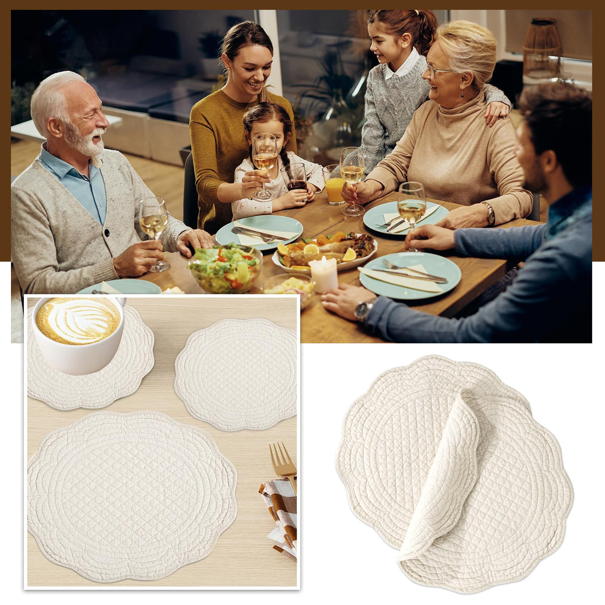 BALAPET Quilted Placemats Set of 6, 100% Cotton 14" Table Mats Farmhouse Style, Reversible Round Tabletop with Scalloped Edges for Kitchen Dinner Party Holidays, Natural, Machine Washable BALAPET
