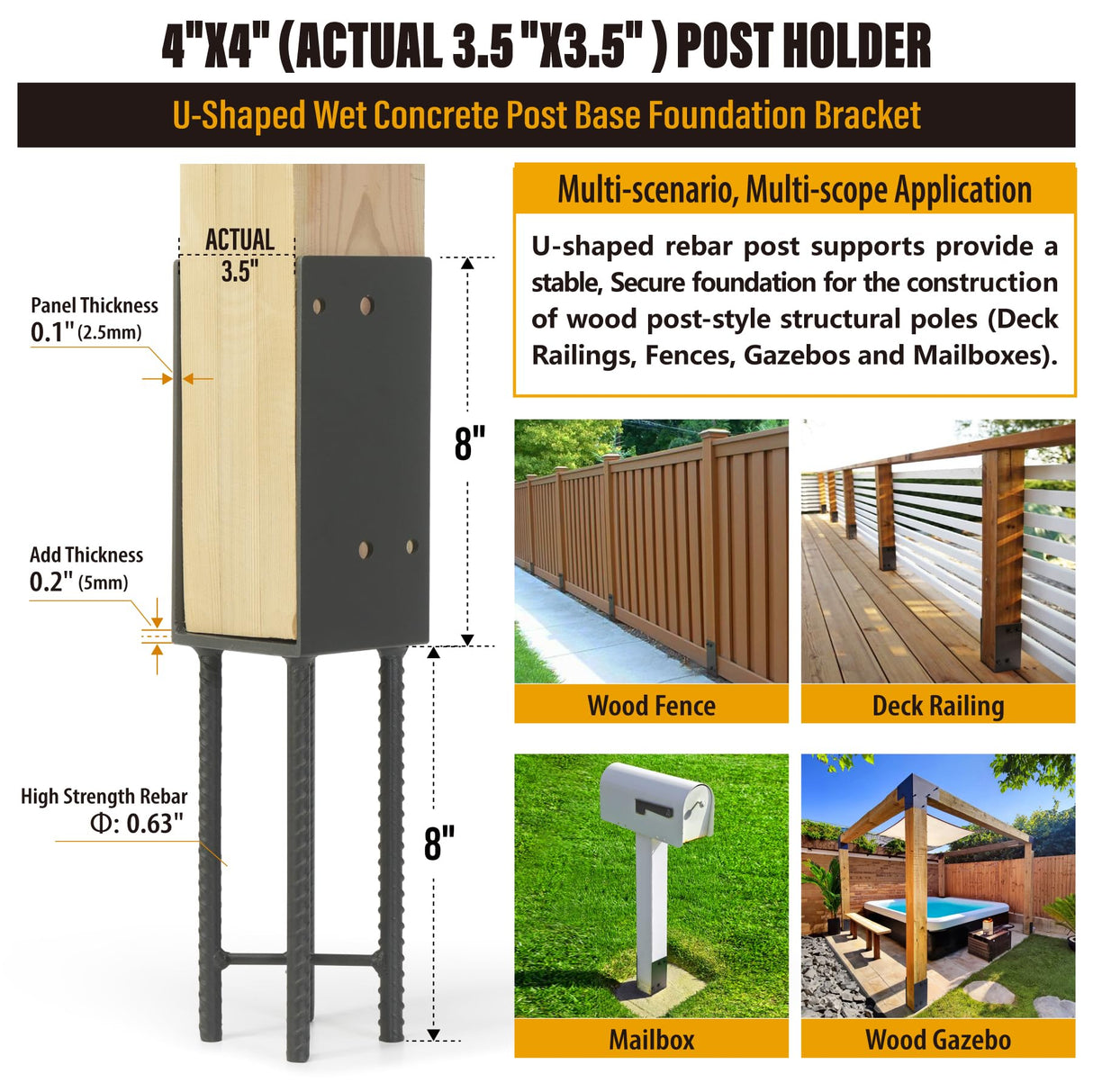 WOWACE 4"x4"(Actual 3.5"x3.5") Wet Concrete Foundation U-Shape Post Base Holder, for Fence, Deck, Gazebo and Other Post-Like Structure Pole Construction Ground Post Bracket Base (8pack-Dark Gray) WOWACE