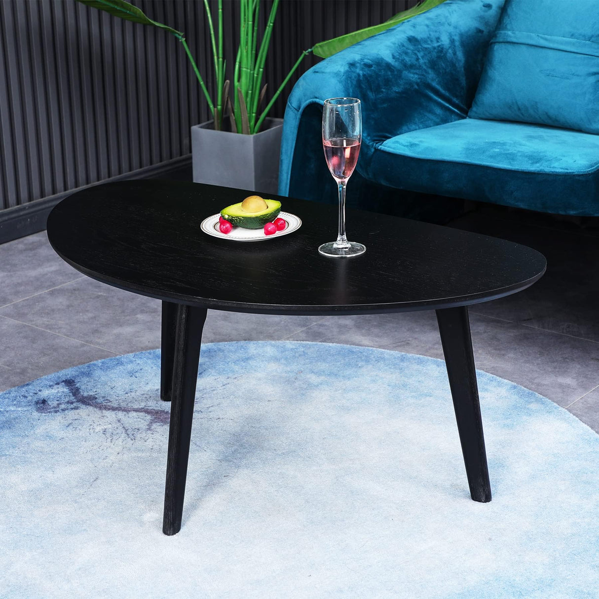 FIRMINANA Small Black Oval Coffee Table for Small Space , Simple Modern Center Table with OAK Wood Legs-Black-18.9" D x 33.47" W x 15.75" H FIRMINANA