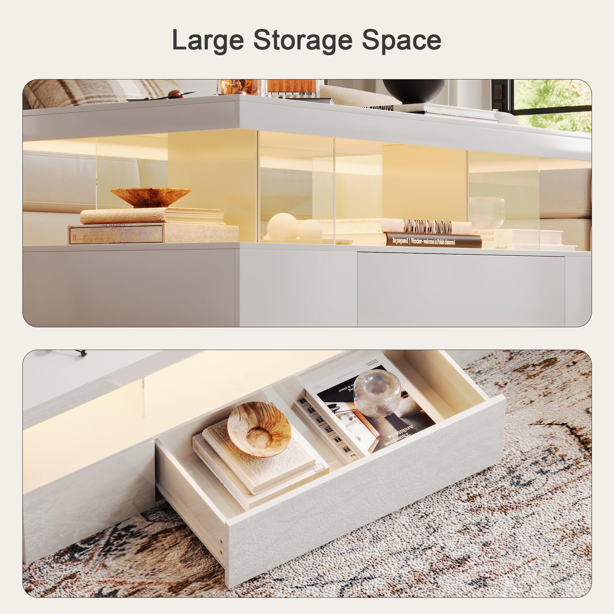 ChooChoo Modern LED Coffee Table, High Glossy Coffee Table with Drawer, Coffee Table with Storage for Living Room, Bedroom, White ChooChoo