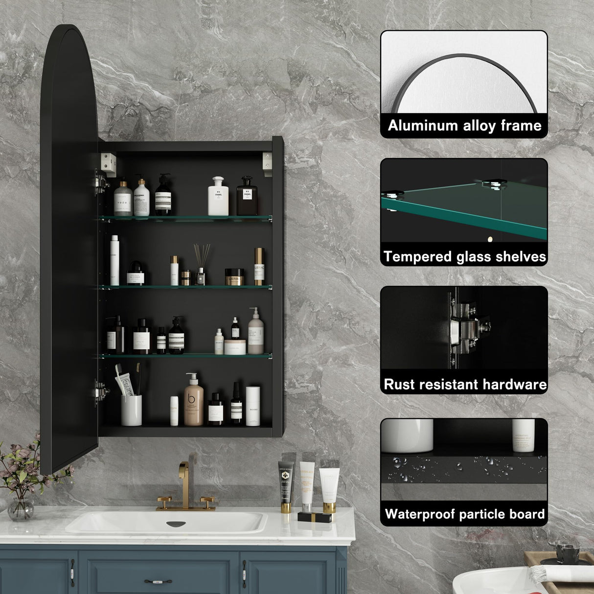 Medicine Cabinet with Mirror 16 x 30 Inch,Black Bathroom Mirror with Storage,Vanity Mirror with Storage,Metal Framed Arched Bathroom Cabinet Surface Mount with 3 Adjust Shelves Generic