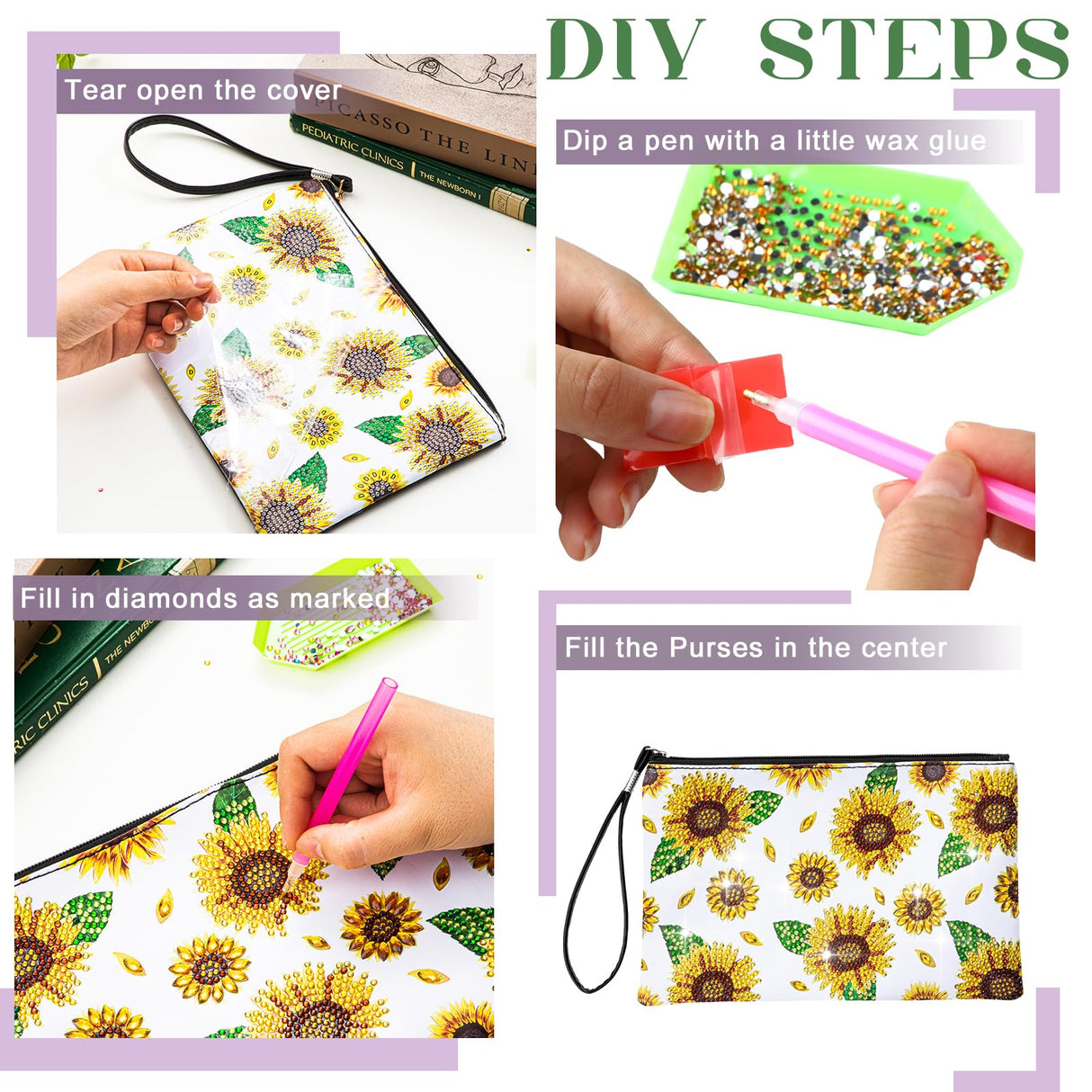 Kigley 4 Pcs Diamond Art Purse Sunflower Diamond Painting Bags and Purses Coin Purse Kits for Adults 5D DIY Summer Wristlet Handbag Makeup Bag with Zipper for Graduation Birthday Gift Kigley