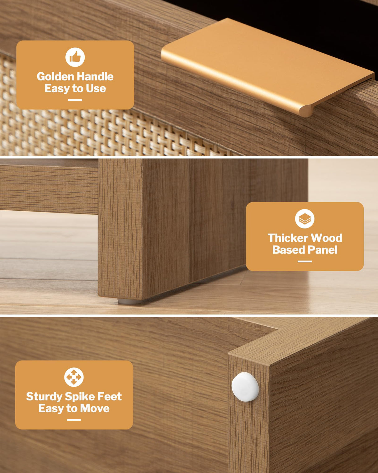 SICOTAS Night Stand Set of 2 Nightstands - Rattan Bed Side Table with Type-C Charging Station, Drawer Storage End Table - Boho Bedside Stand Night Stands for Bedroom - Natural Oak SICOTAS