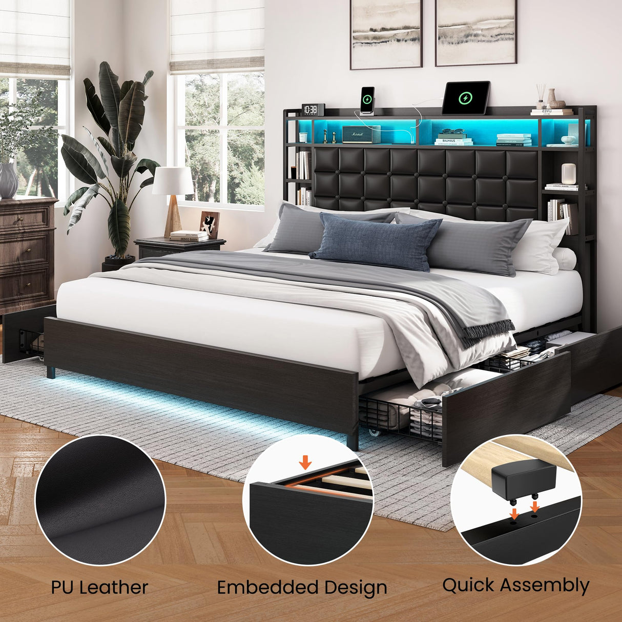 LARMACE King Size Bed Frame with 4 Storage Drawers and Bookcase Headboard, Faux Leather Upholstered, Wooden Platform Bed Frame with Charging Station and LED Lights, No Box Spring Needed, Black LARMACE