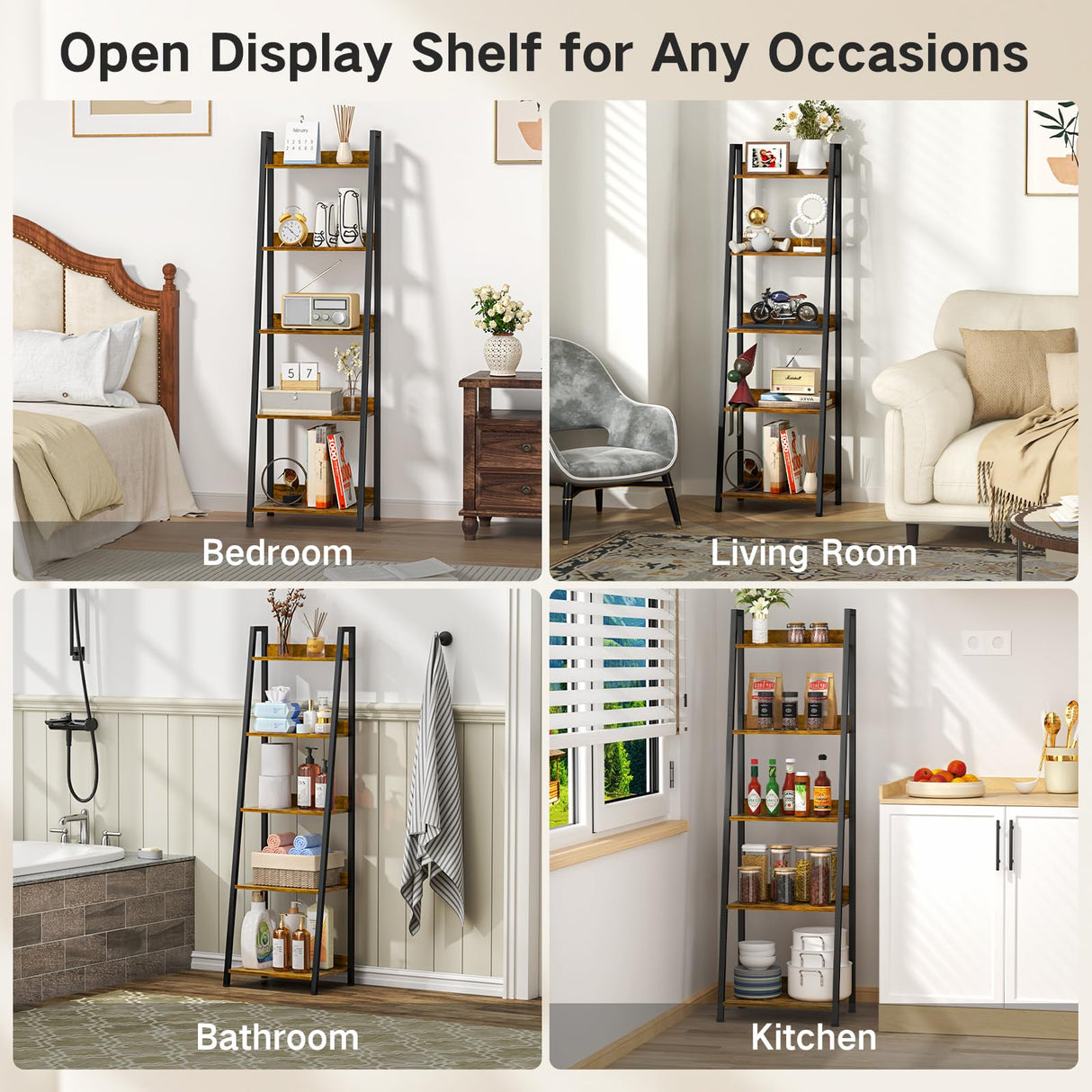 OUTONLIFE 5-Tier Ladder Shelf, Bookshelf with LED Light & Drawer, Rustic Narrow Tall Corner Bookcase with Storage Rack, Wood Metal Standing Display Shelves for Living Room, Bedroom (Rustic Brown) OUTONLIFE