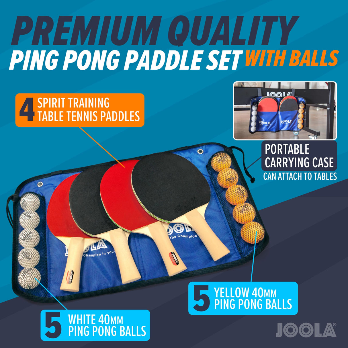 JOOLA Family Premium Table Tennis Bundle Set - 4 Regulation Ping Pong Paddles, 10 Training 40mm Ping Pong Balls, and Carrying Case - For Training and Recreational Play - Indoor and Outdoor Compatible JOOLA