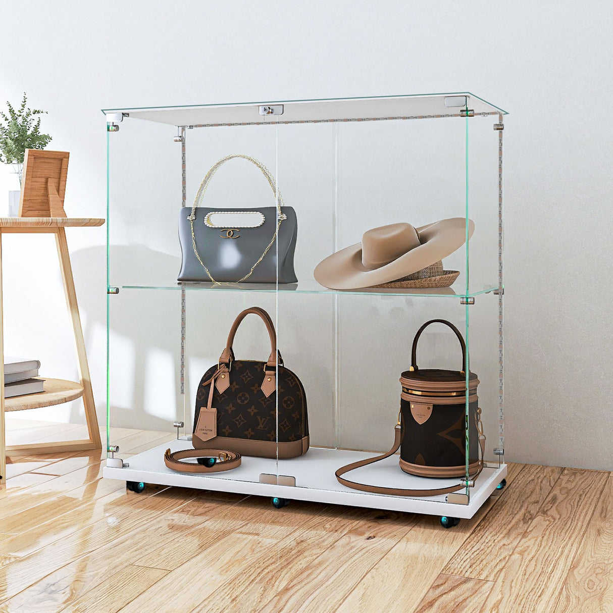 Glass Display Cabinet with LED Lights and Wheels,Rolling 2 Doors 2 Shelves Glass Top Curio Cabinet with Lock Modern 34.17" High Led Curio Display Cabinet Showcase for Living Room,Bedroom,White Henf