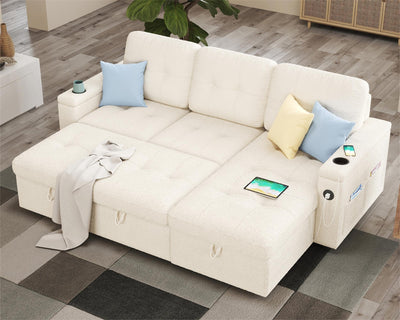 PaPaJet 84 Inch Pull Out Couch, Sleeper Sofa with Storage Chaise, Tufted L Shape Convertible Couch with 2 USB & Cup Holders, Boucle White