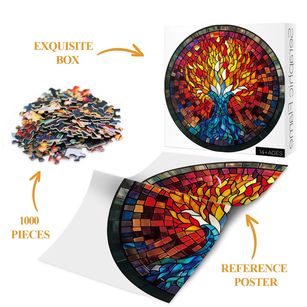 Stained Glass Puzzle Mandala Puzzle for Adults 1000 Piece, Round Colorful Mosaic Jigsaw Puzzles, Religious Faith Art Puzzle BBOLDIN