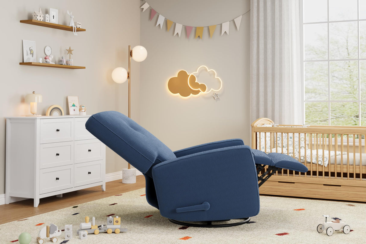 Recliner Chair, 360° Swivel Rocking Glider Chair for Adults with Adjustable Backrest & Footrest, Cozy Corduroy Upholstered Armchair for Living Rooms, Bedrooms, Blue IDEALHOUSE