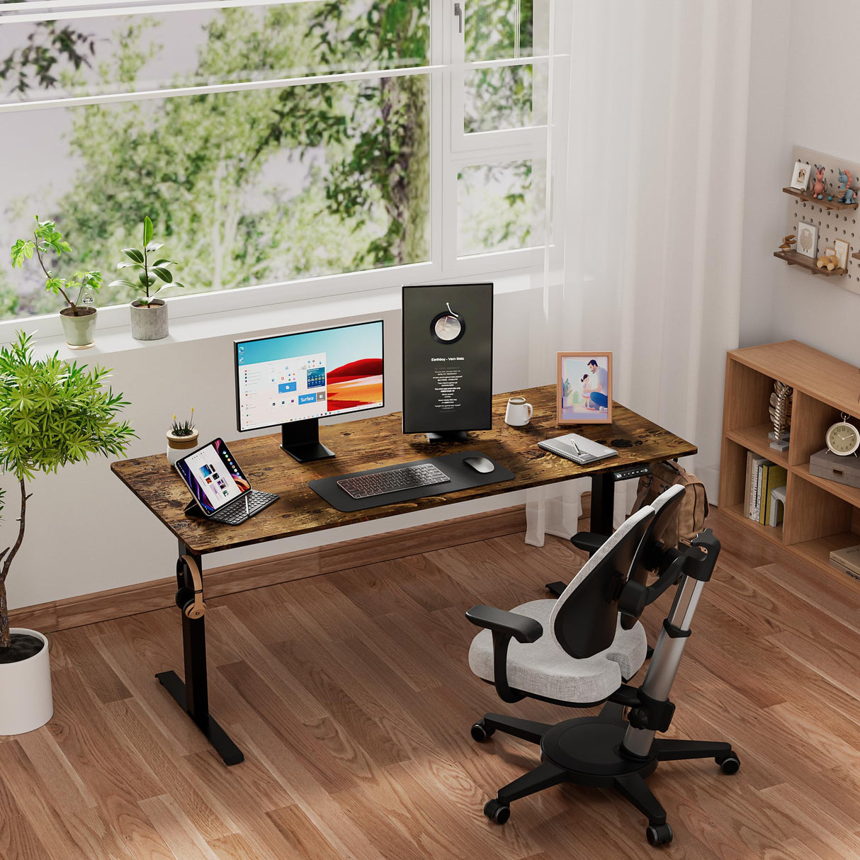 VVENACE 63 x 28 Electric Standing Desk Adjustable Height 4 Memory Preset, 4 Wheels, 2 Headphone Hook, Home Office Desk, Stand Up Sit Stand Desk Computer Table, Splice Board Rustic Brown VVENACE