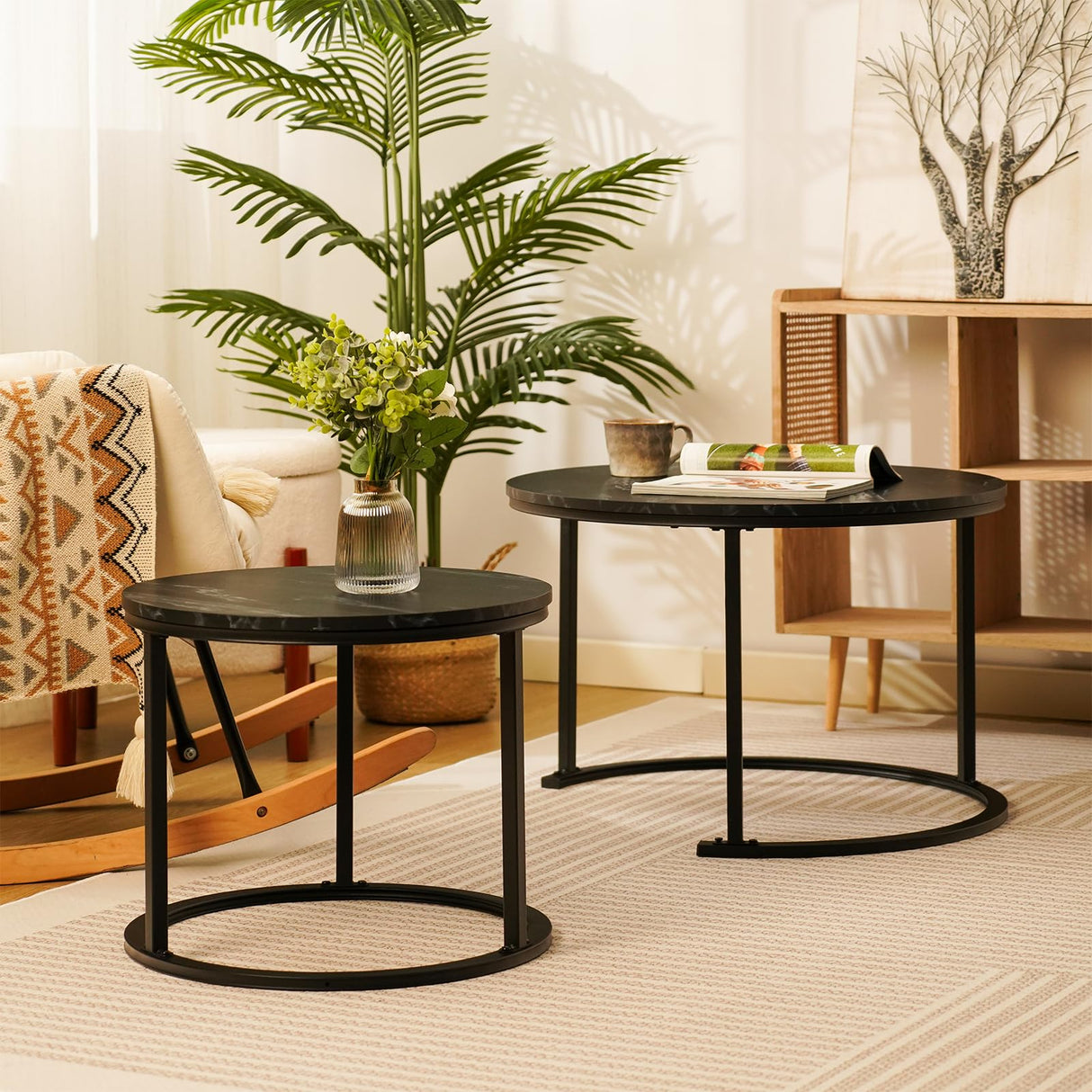 Round Nesting Coffee Set, Stackable Modern Accent Cocktail Table for Living Room Office Balcony,Nesting Tables 2 Piece with Solid Metal Frame and Easy Assembly (Black) EUROSAKURA
