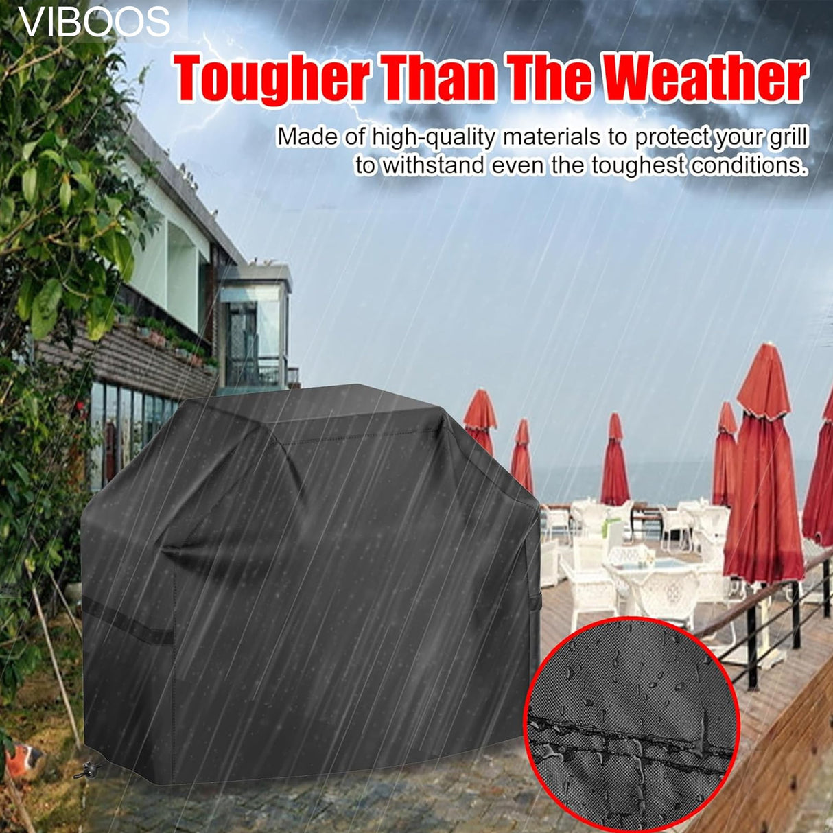 Grill Cover, 58 inch BBQ Gas Grill Cover for Outdoor Grill, Waterproof, Anti-UV, Rip-Proof, Fade Resistant Material, Barbecue Cover with Hook-and-Loop Straps & Adjustable Hem Drawstring, Black VIBOOS