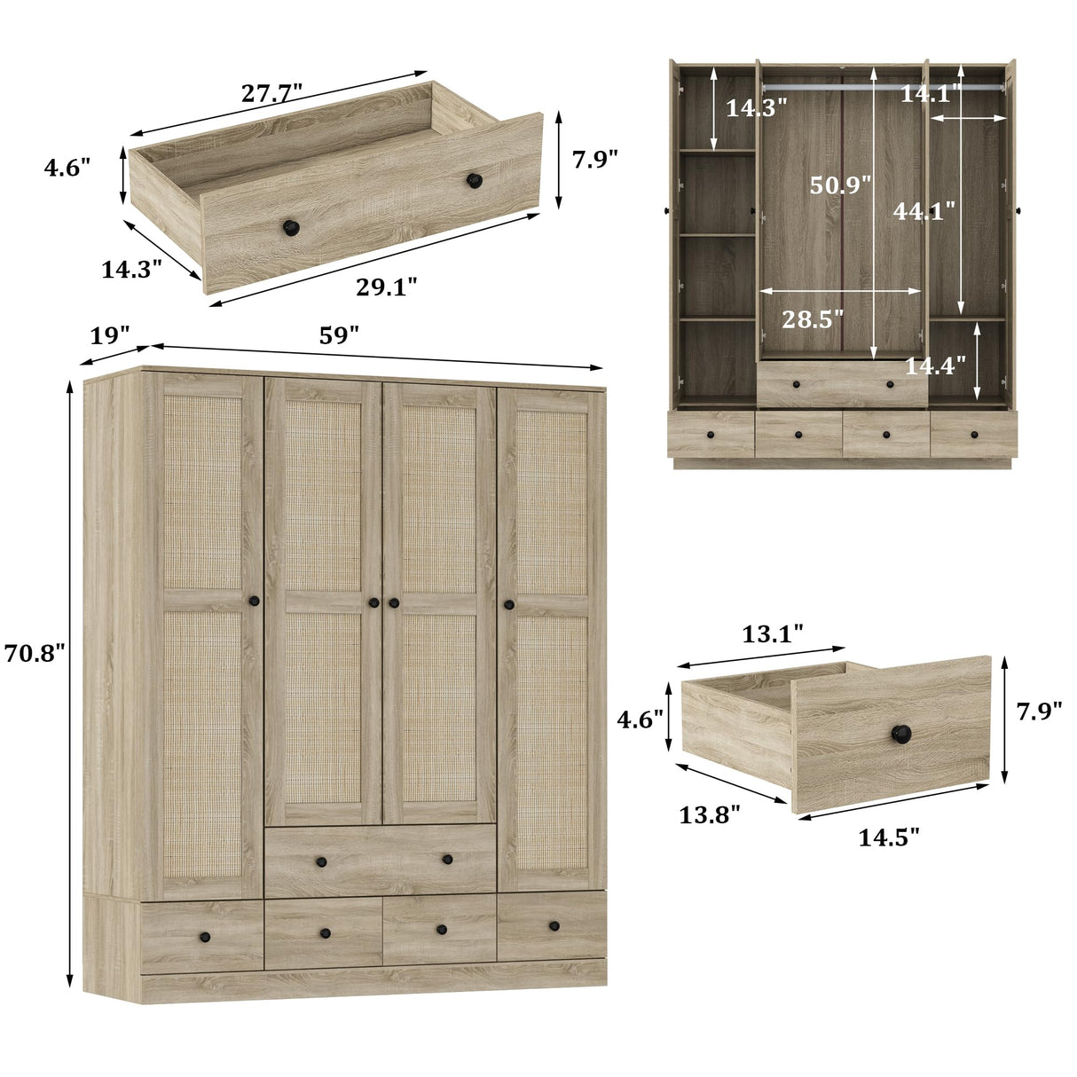 WOODTIME Rattan Armoire Wardrobe Closet with 7 Shelves, 5 Drawers & Hanging Bars, 59" L Wooden Wardrobe Clothes Storage Cabinet for Bedroom, Guest Room, Brown WOODTIME