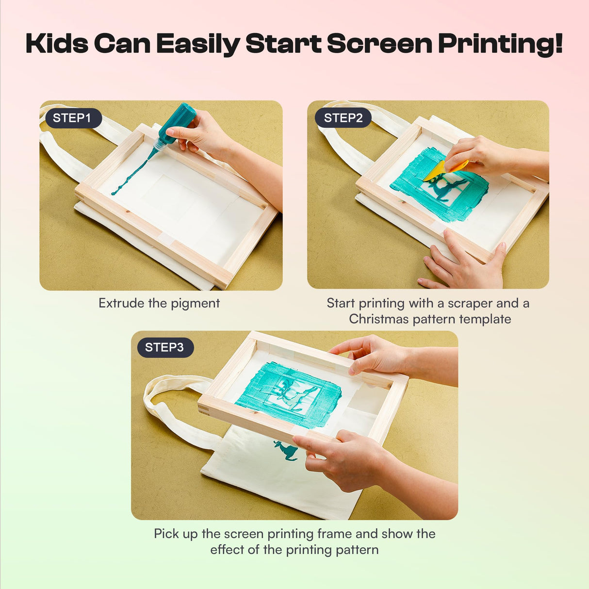 Caydo Kids Screen Printing Kit, Arts and Crafts Silk Screen Printing Kit with 4 Colors Fabric Paint, Frame, Stencils, Squeegee & Canvas Bag, Silkscreening Kit for Children's Christmas Gifts Caydo