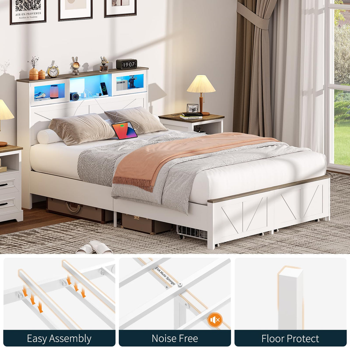 Yoobure Full Size Bed Frame with Headboard, Full Bed Frame with Charging Station, LED Beds with 2 Storage Drawers, Wood Farmhouse Bedframe, Noise-Free and No Box Spring Needed, White Yoobure