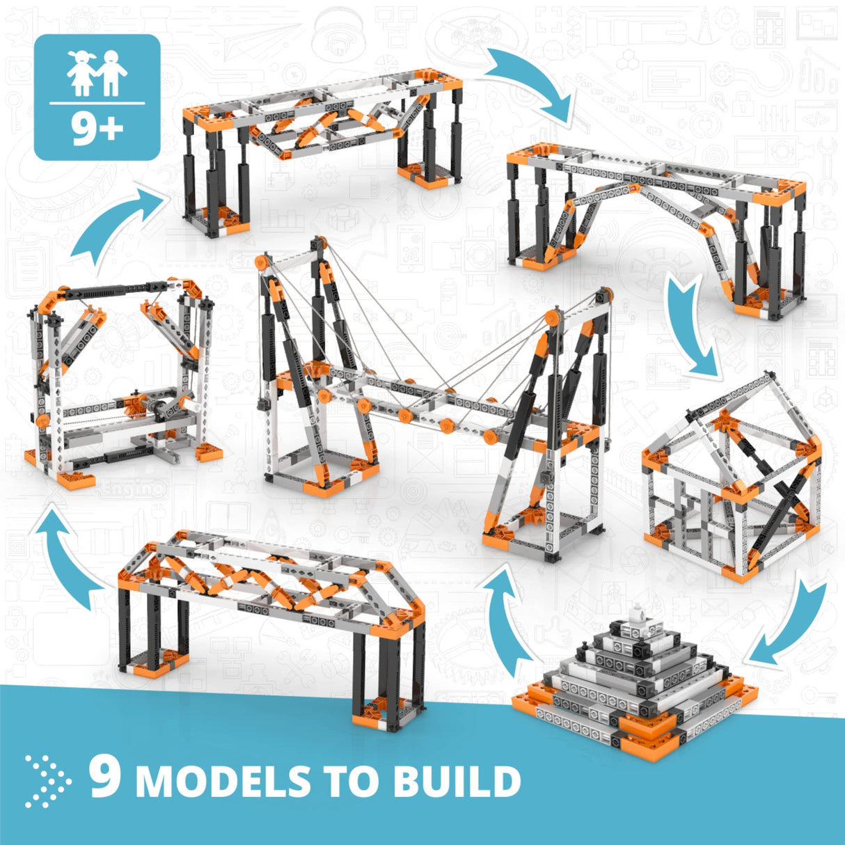Engino- STEM Toys, Structures, Buildings & Bridges, Building Toys for Kids 9+, STEM Projects, Creative Engineering Kit, Gifts for Boys & Girls (9 Model Options) Engino