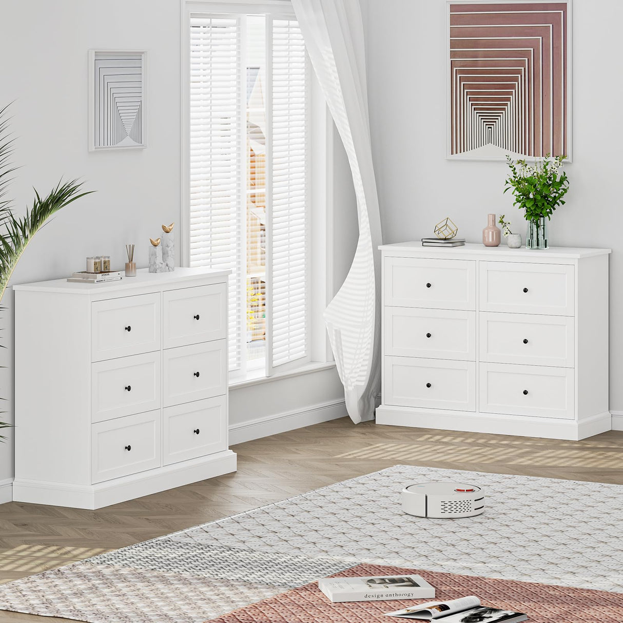 FOTOSOK White Dresser, 6 Drawer Dresser White, Modern Double Chest with Deep Drawers, Wide Storage Organizer Cabinet for Living Room Home FOTOSOK