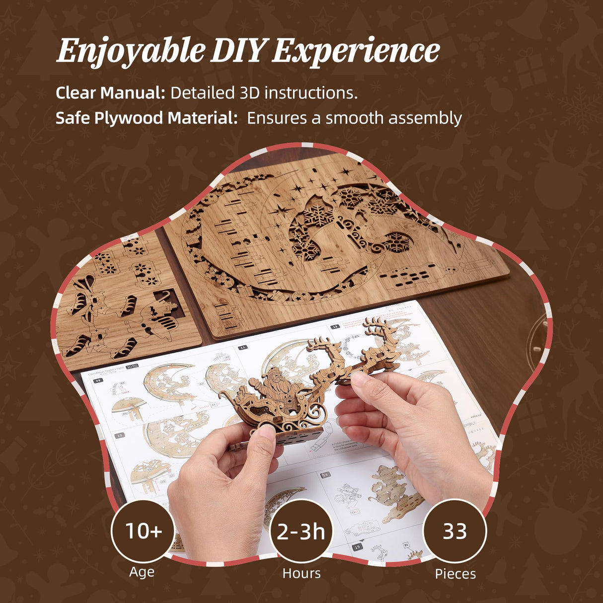 FUNPOLA LED 3D Wooden Puzzle Christmas Night Flight Moon Lamp, DIY Craft Kit Festive Nightlight for Holiday Décor, Unique for Adults and Kids,Brown FUNPOLA