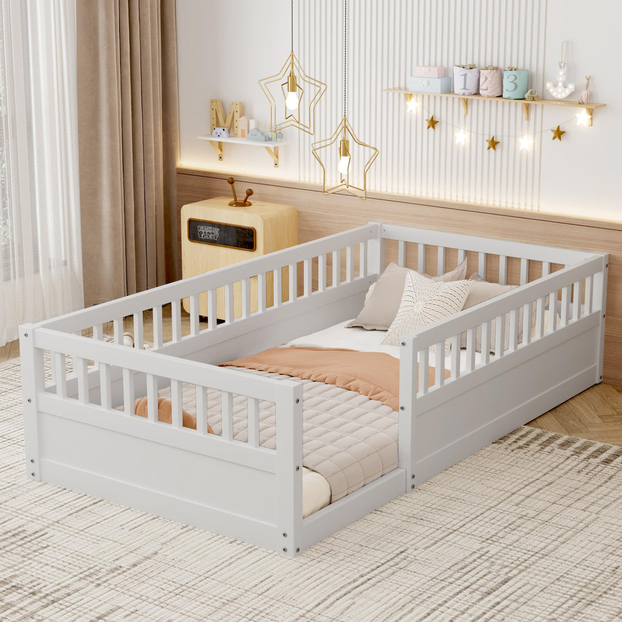 Floor Bed for Kids, Twin Size Montessori Bed with High Fence Railings, Wood Playhouse Bed with Rails for Baby Boys Girls Teens, No Slats Included, White Mirightone