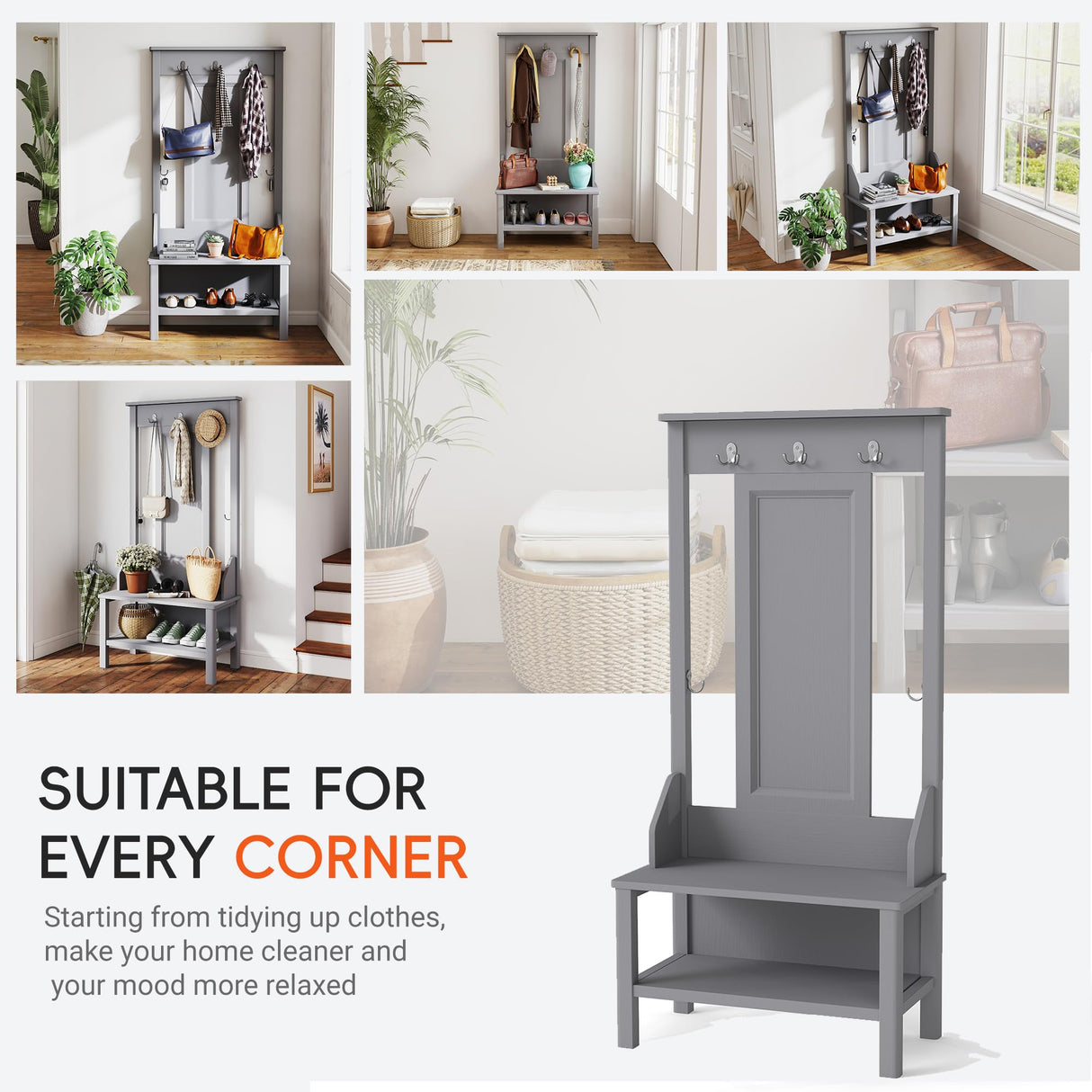 65" Farmhouse Hall Tree with Bench - 3-in-1 Entryway Organizer: Shoe Rack, Coat Hooks & Storage Shelves for Mudroom, Hallway (Gray) Delta Chairs