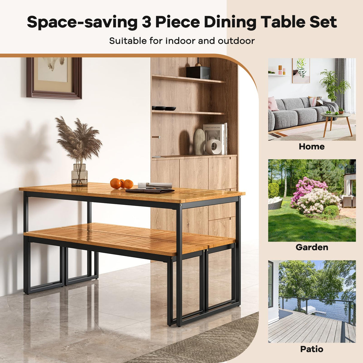 Tangkula 3 Pieces Outdoor Dining Set for 6 People, 55 inch Rectangle Patio Table & 2 Benches with Acacia Wood Tabletop, Metal Frame & Umbrella Hole, Dining Furniture for Yard, Garden, Poolside Tangkula