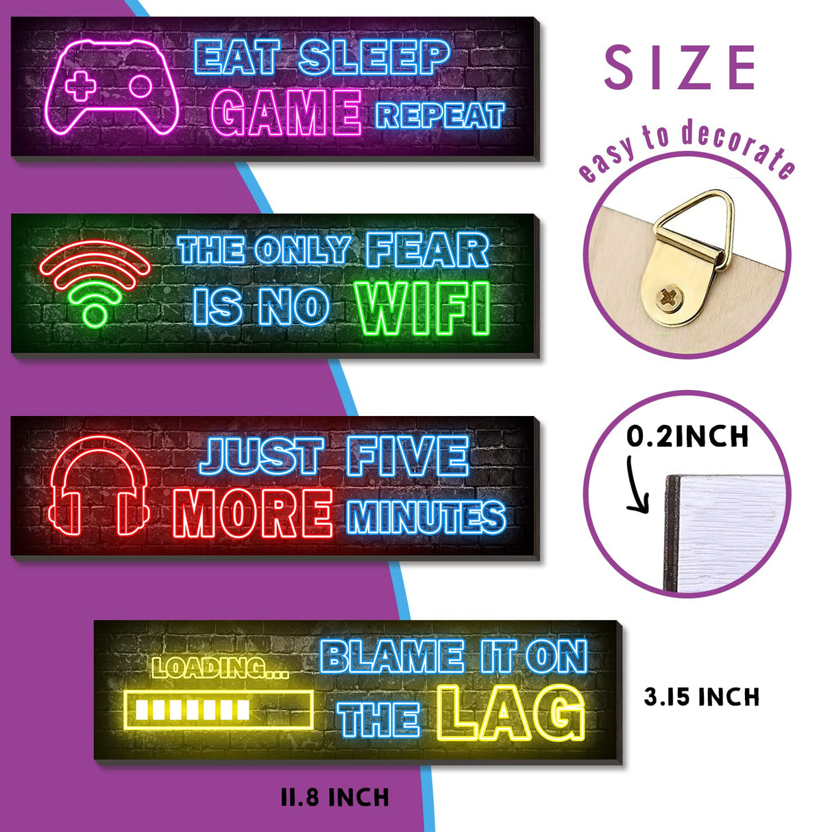 4 Pcs Printed Neon Gaming Posters, Teen Boys Room Decorations, gamer wall art Decor for bedroom Wooden Simimi art