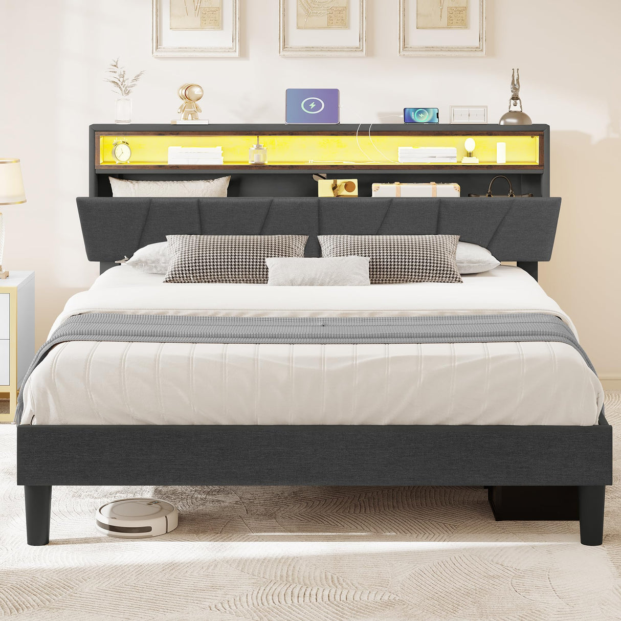 YITAHOME Queen Size Bed Frame, LED Bed Frame with Storage Upholstered Headboard, Platform Bed with Outlet & USB Ports, No Box Spring Needed, Easy Assembly, Grey YITAHOME