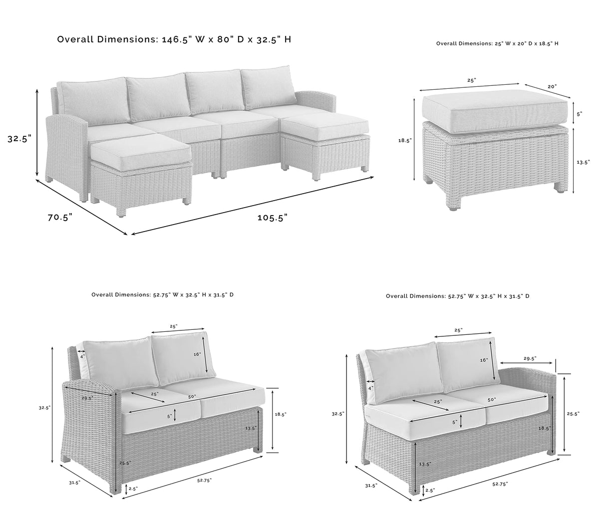Crosley Furniture Bradenton 4-Piece Outdoor Sectional Sofa Wicker Conversation Patio Furniture Set for Deck, Brown with Gray Cushions Crosley Furniture