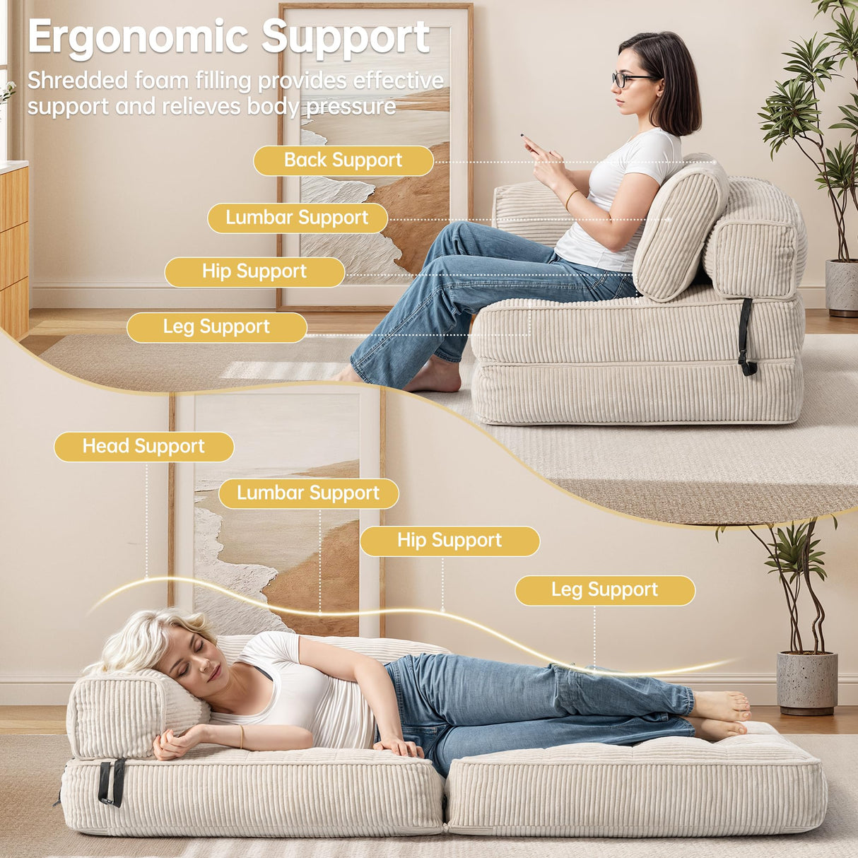 Airynee Convertible Folding Sofa Bed, L- Shaped Sleeper Chair Bed with Armrest and Pillow, Fold Out Sleeper Sofa, Comfortable Floor Couch for Small Spaces/Living Room/Bedroom, Single, Beige Airynee