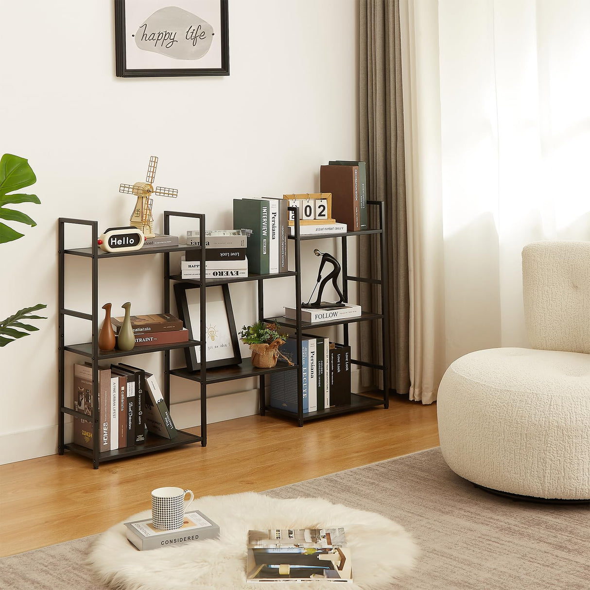 EYOCAL Triple 3 Tier Bookshelf, Wide Industrial Large Book Shelf with 8 Open Display Shelves for Home & Office, Rustic Brown EYOCAL