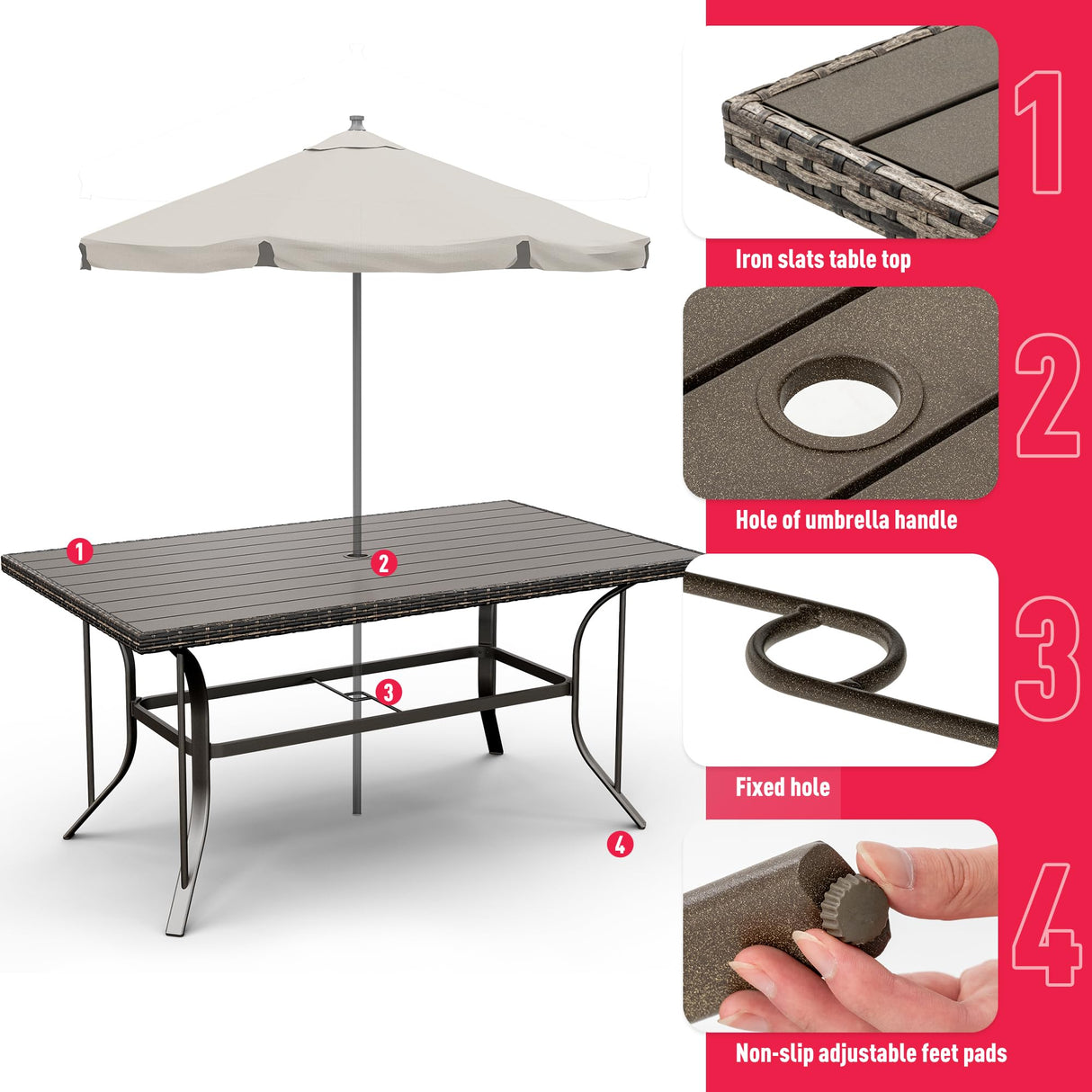 Pamapic 7 Piece Patio Dining Set for 6,Outdoor Wicker Furniture Set for Backyard Garden Deck Poolside with 4 Dining Chairs and 2 Swivel Rockers,Iron Slats Table Top, Removable Cushions(Gray) Pamapic