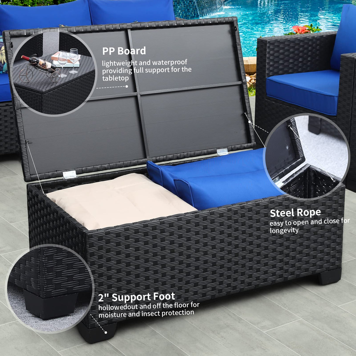 Patio Wicker Furniture Set 7 Pieces Outdoor Black Rattan Conversation Seat Couch Sofa Chair Set with Royal Blue Cushion and Furniture Covers Rattaner