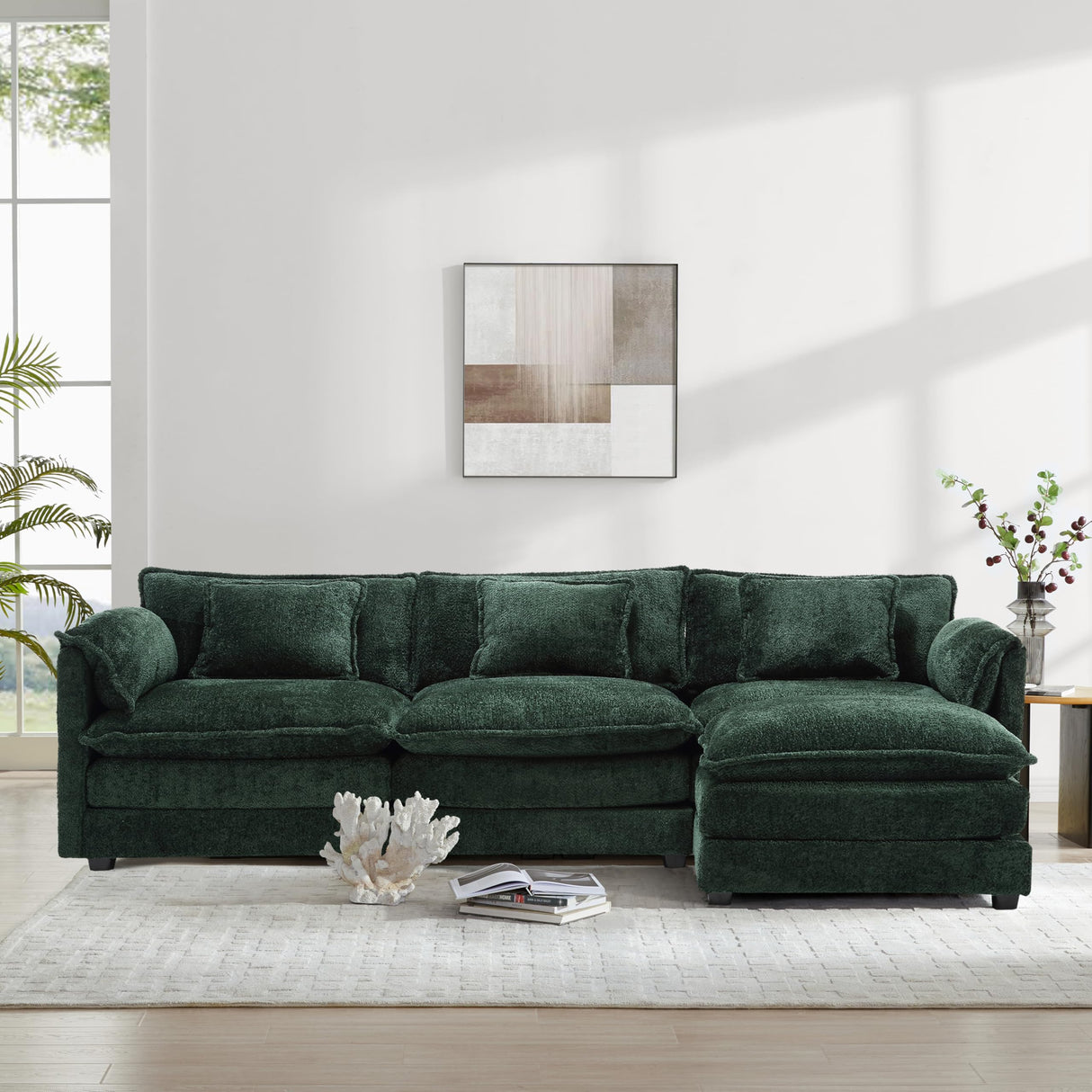 ZEIINPA L Shaped Sectional Sofa Cloud Couch for Living Room, 112" Chenille Comfy Boucle Modular Sleeper Sofa, Modern Upholstery Sofa with Ottoman & Memory Foam, Emerald Green ZEIINPA